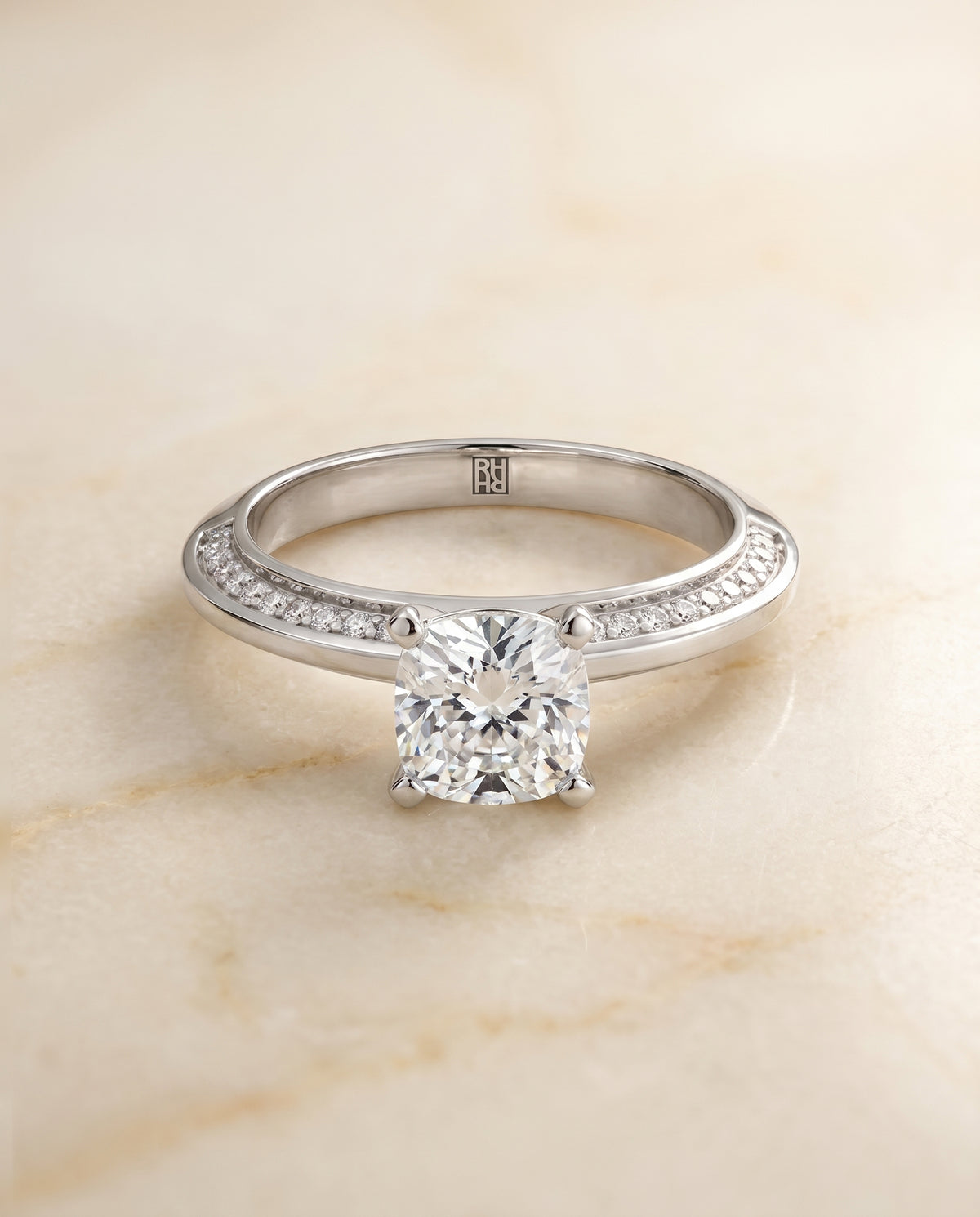 The Clover Engagement Ring Setting for Cushion Diamonds in 18K White Gold | RockHer