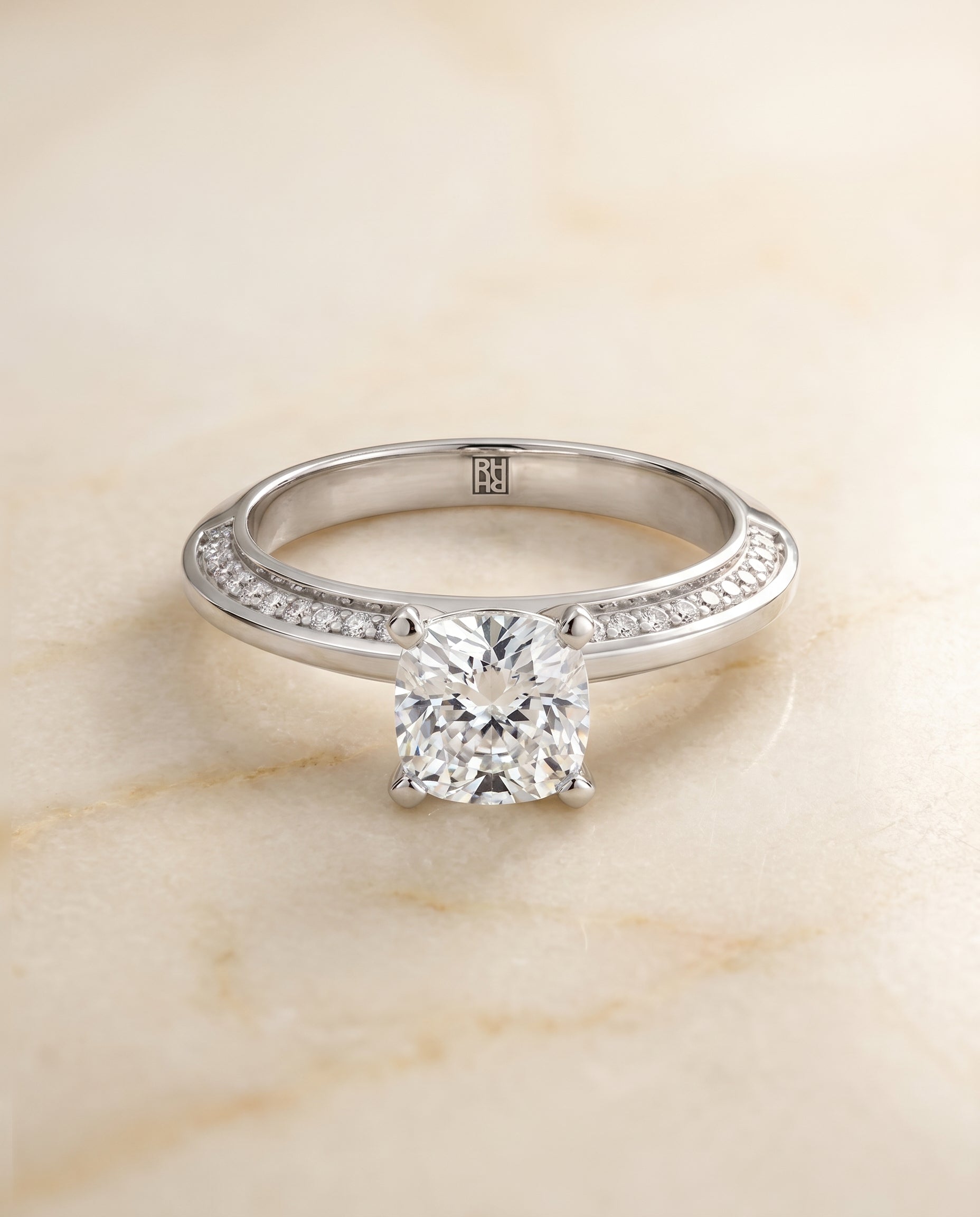 Clover Select Knife Edge Micro Pave Cushion Solitaire in 14K White Gold – view 1