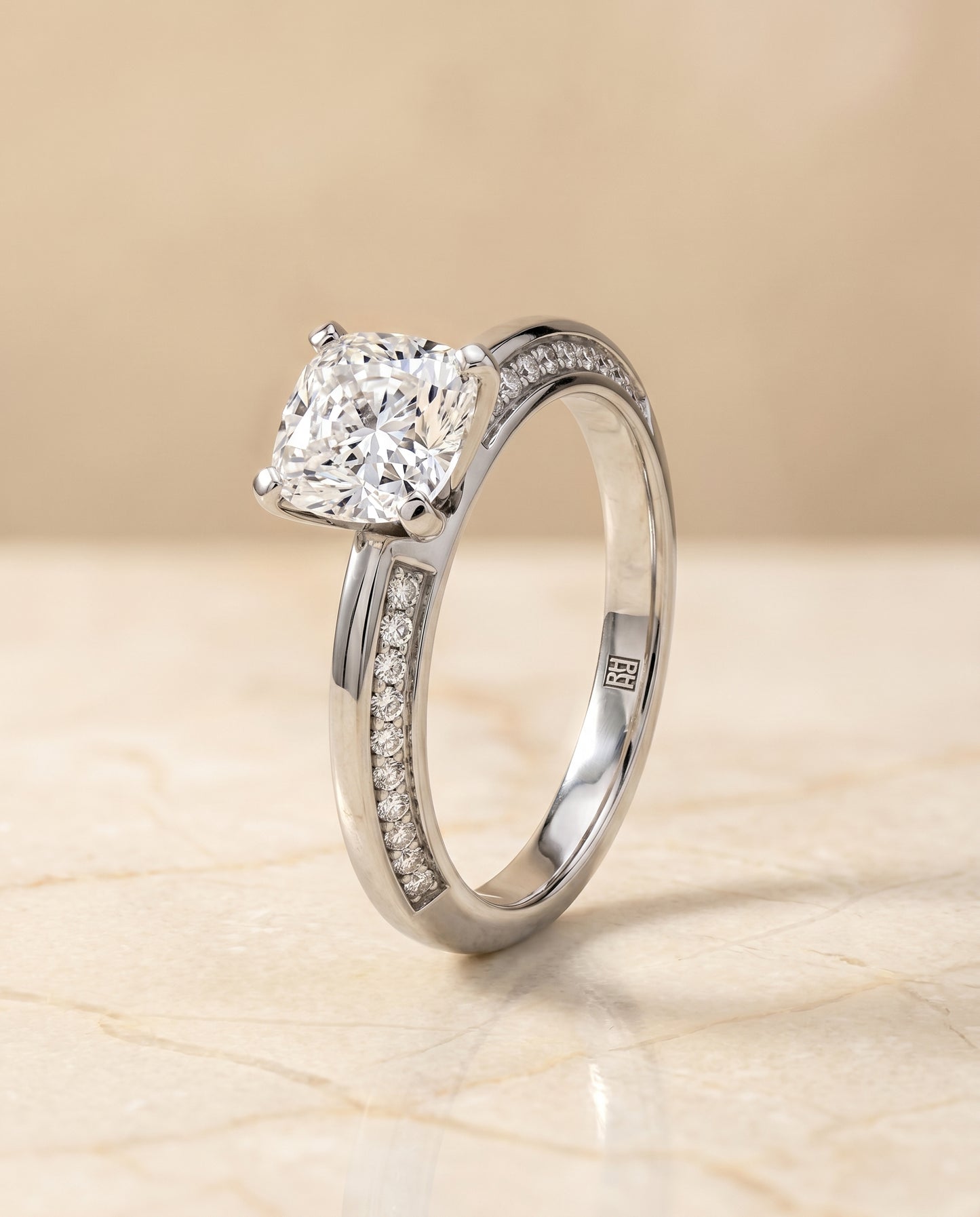 The Clover Engagement Ring Setting for Cushion Diamonds in 18K White Gold
