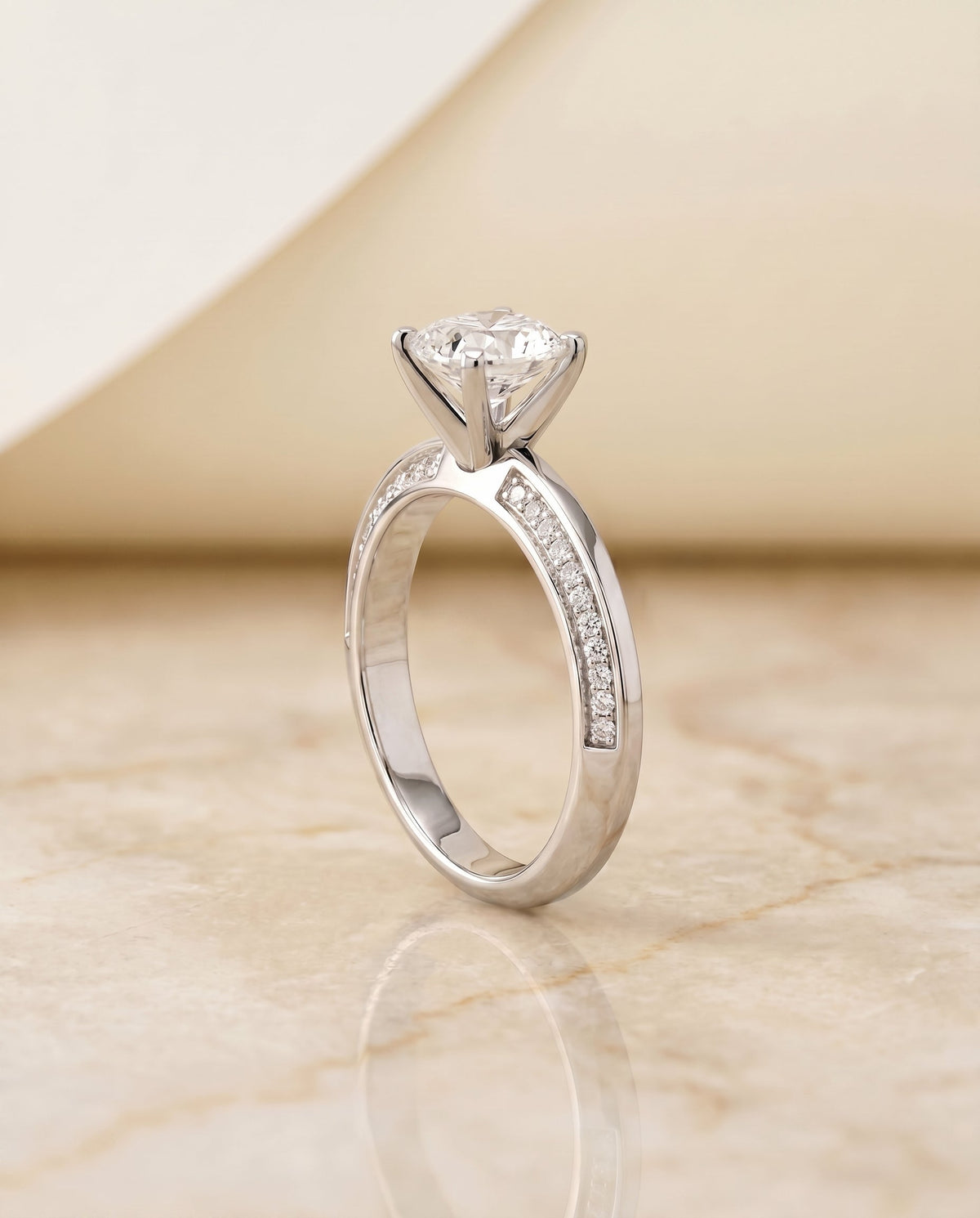 Clover Select Knife Edge Pavé Cushion Cut Lab Diamond Engagement Ring in Platinum, side view | RockHer
