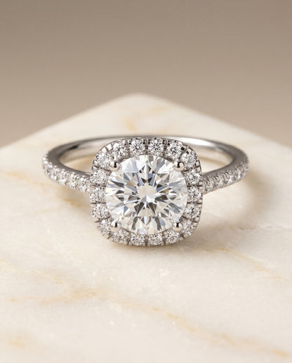 The Cosette Pavé Halo Round Engagement Ring Setting in 18K White Gold