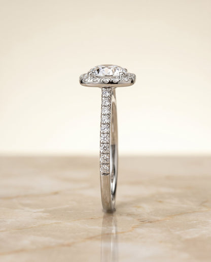 Cosette Select Halo Round Lab Diamond Engagement Ring in 18K White Gold, side view | RockHer