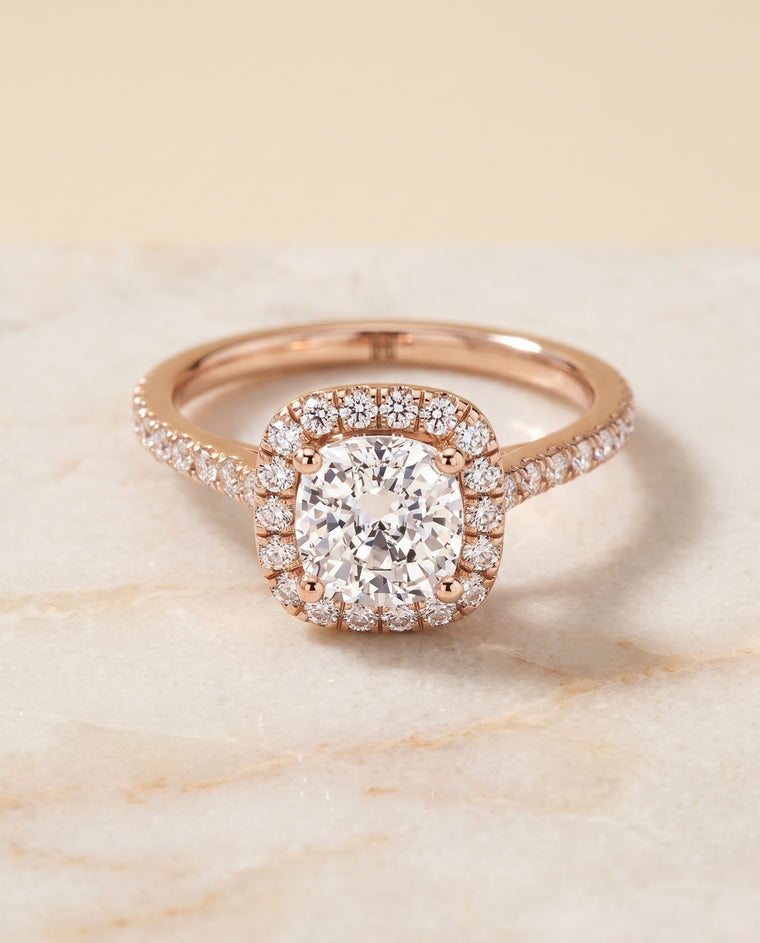 The Cosette Pavé Halo Cushion Cut Engagement Ring Setting in 14K Rose Gold