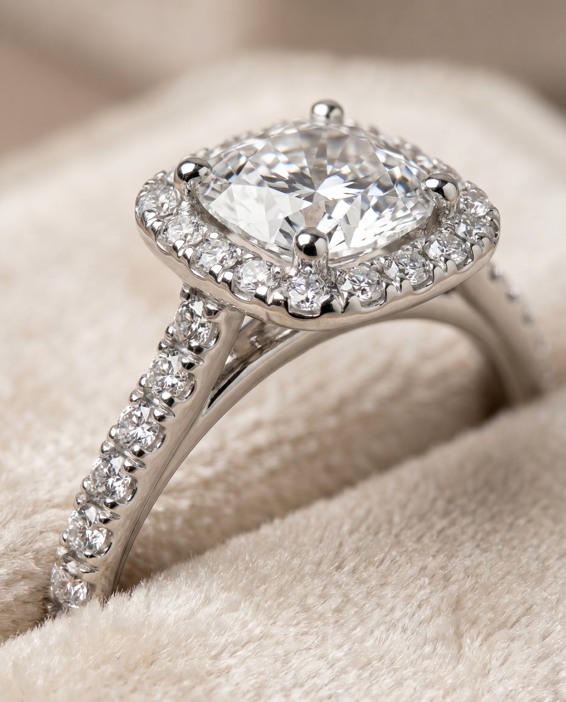 Platinum band of The Cosette cushion engagement ring setting | RockHer