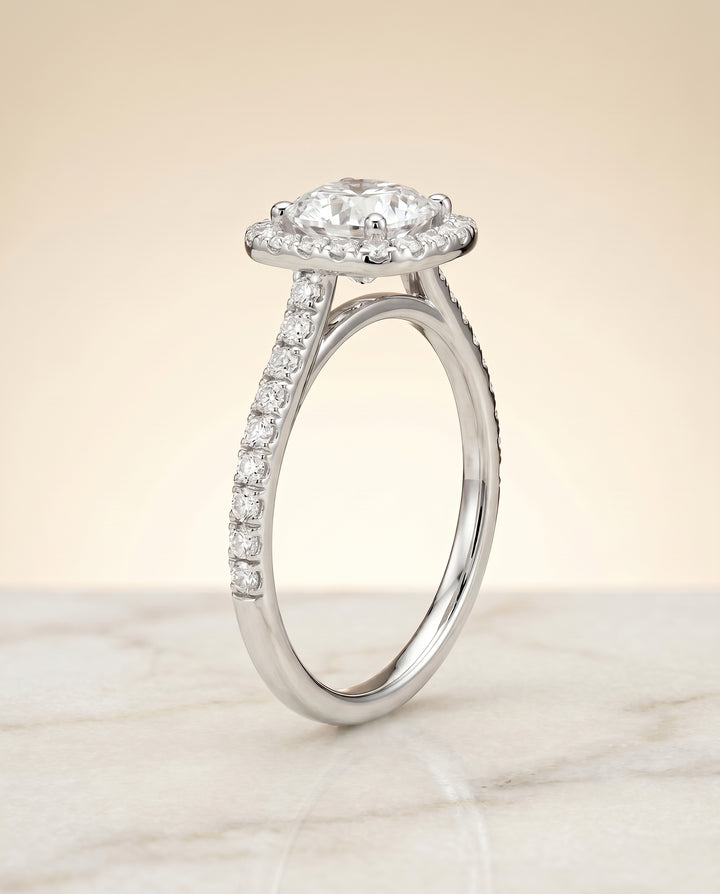 The Cosette Pavé Halo Engagement Ring Setting for Cushion Diamonds in Platinum