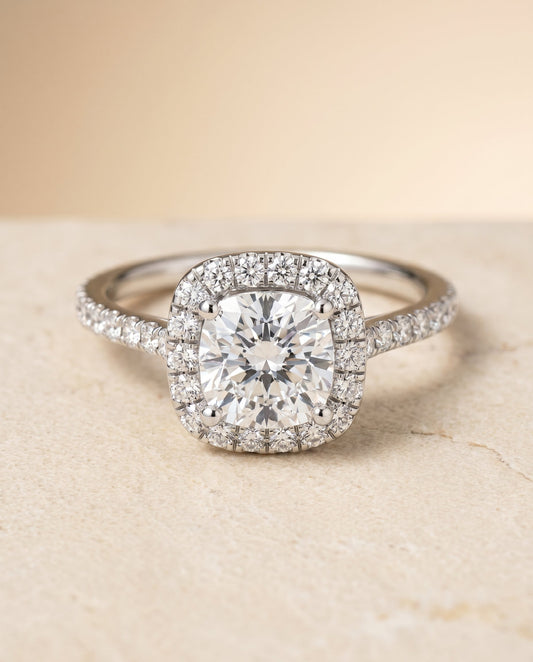 Cosette Select Pave Halo Cushion in 18K White Gold – view 1