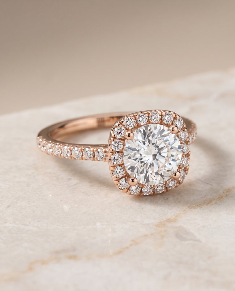 The Cosette Pavé Halo Round Engagement Ring Setting in 14K Rose Gold