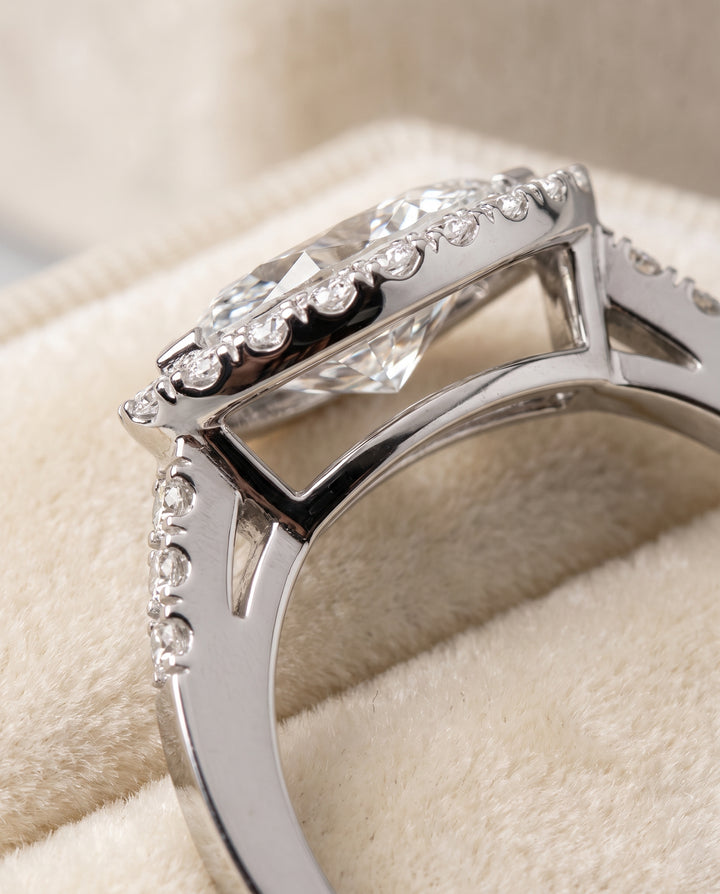 The Crimson East West Horizontal Halo Marquise Engagement Ring Setting in 18K White Gold