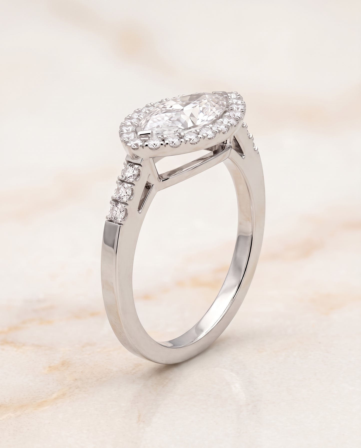 The Crimson East West Horizontal Halo Marquise Engagement Ring Setting in 18K White Gold