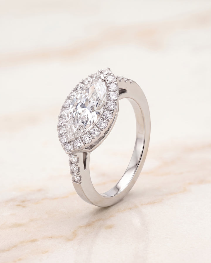 The Crimson East West Horizontal Halo Marquise Engagement Ring Setting in 18K White Gold