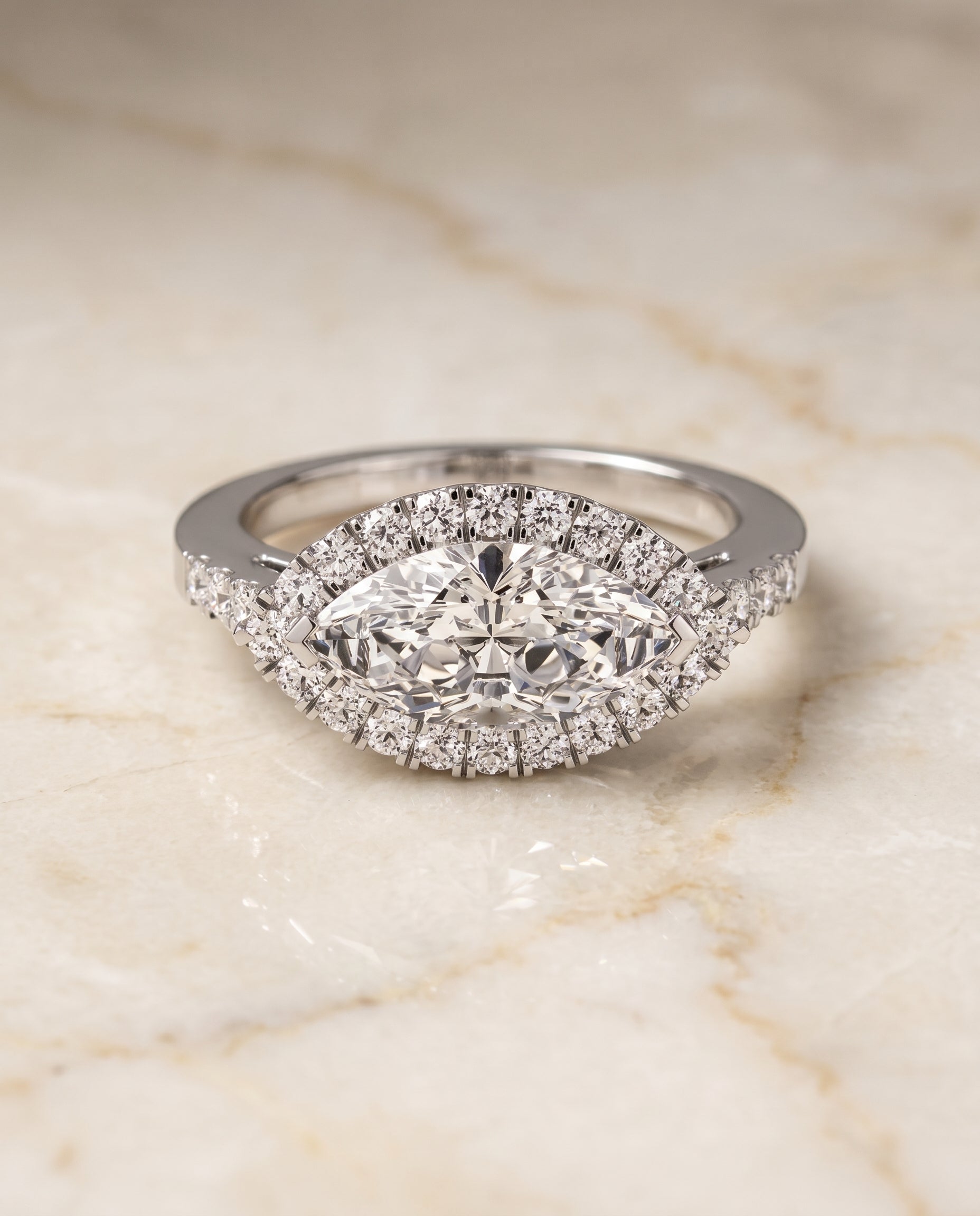 The Crimson East West Horizontal Halo Marquise Engagement Ring Setting in 18K White Gold