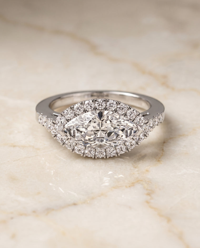 The Crimson East West Horizontal Halo Marquise Engagement Ring Setting in 18K White Gold