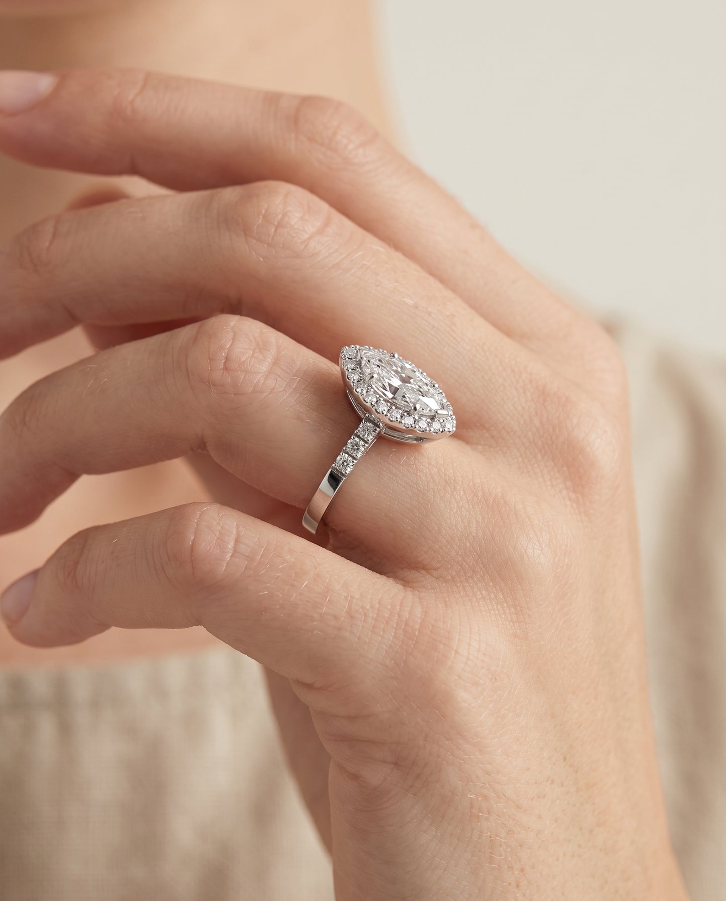 The Crimson East West Horizontal Halo Marquise Engagement Ring Setting in 18K White Gold