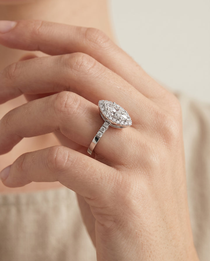The Crimson East West Horizontal Halo Marquise Engagement Ring Setting in 18K White Gold