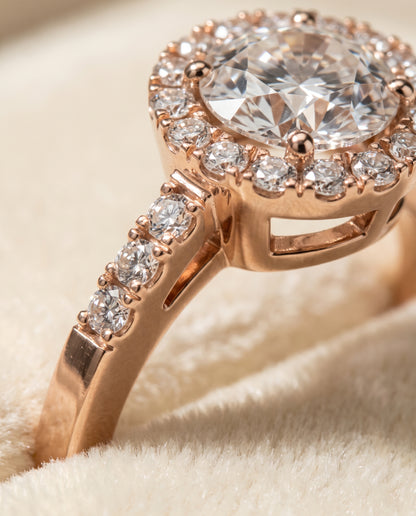 The Crimson East West Horizontal Halo Round Engagement Ring Setting in 14K Rose Gold