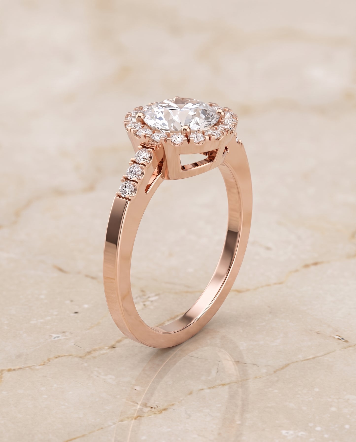 The Crimson East West Horizontal Halo Round Engagement Ring Setting in 14K Rose Gold