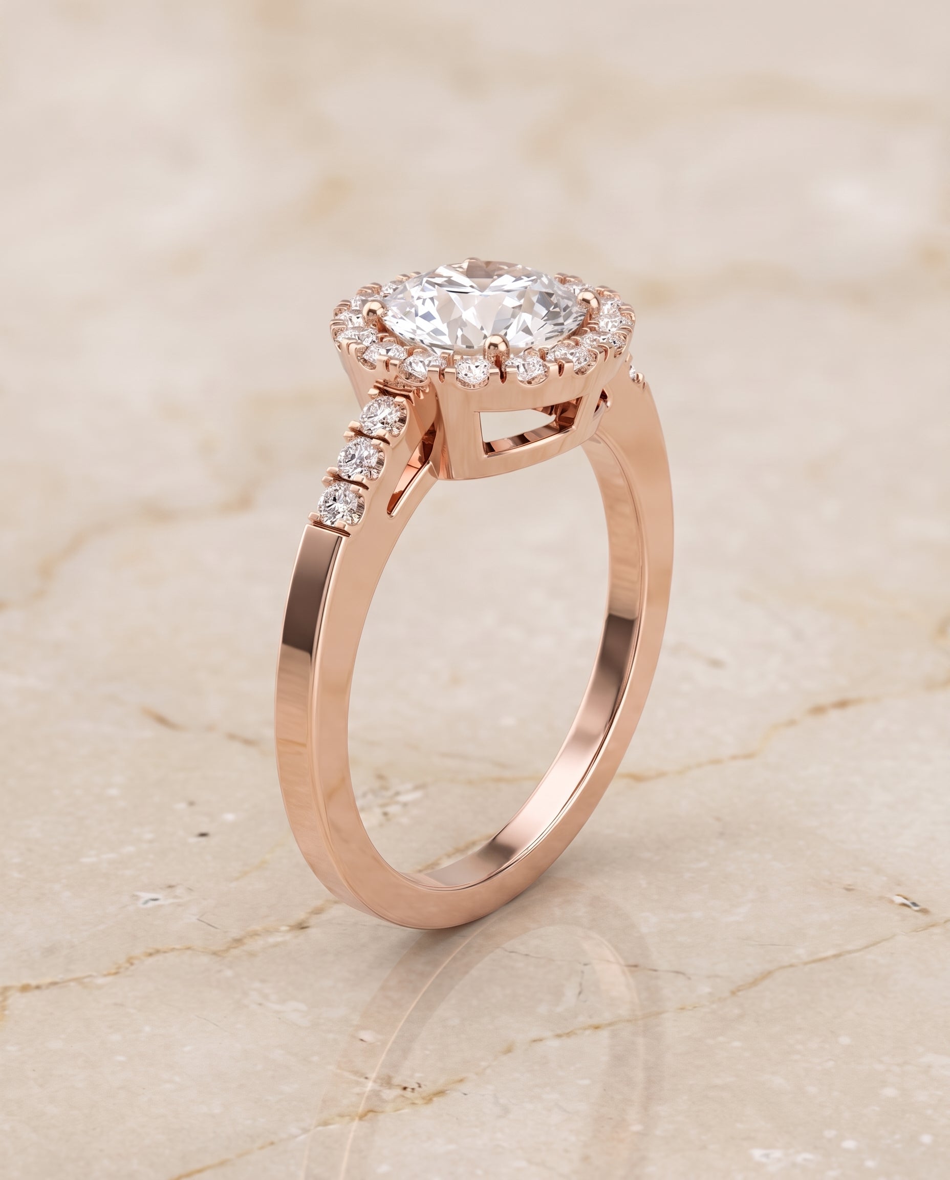 The Crimson East West Horizontal Halo Round Engagement Ring Setting in 14K Rose Gold