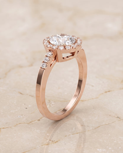 The Crimson East West Horizontal Halo Round Engagement Ring Setting in 14K Rose Gold