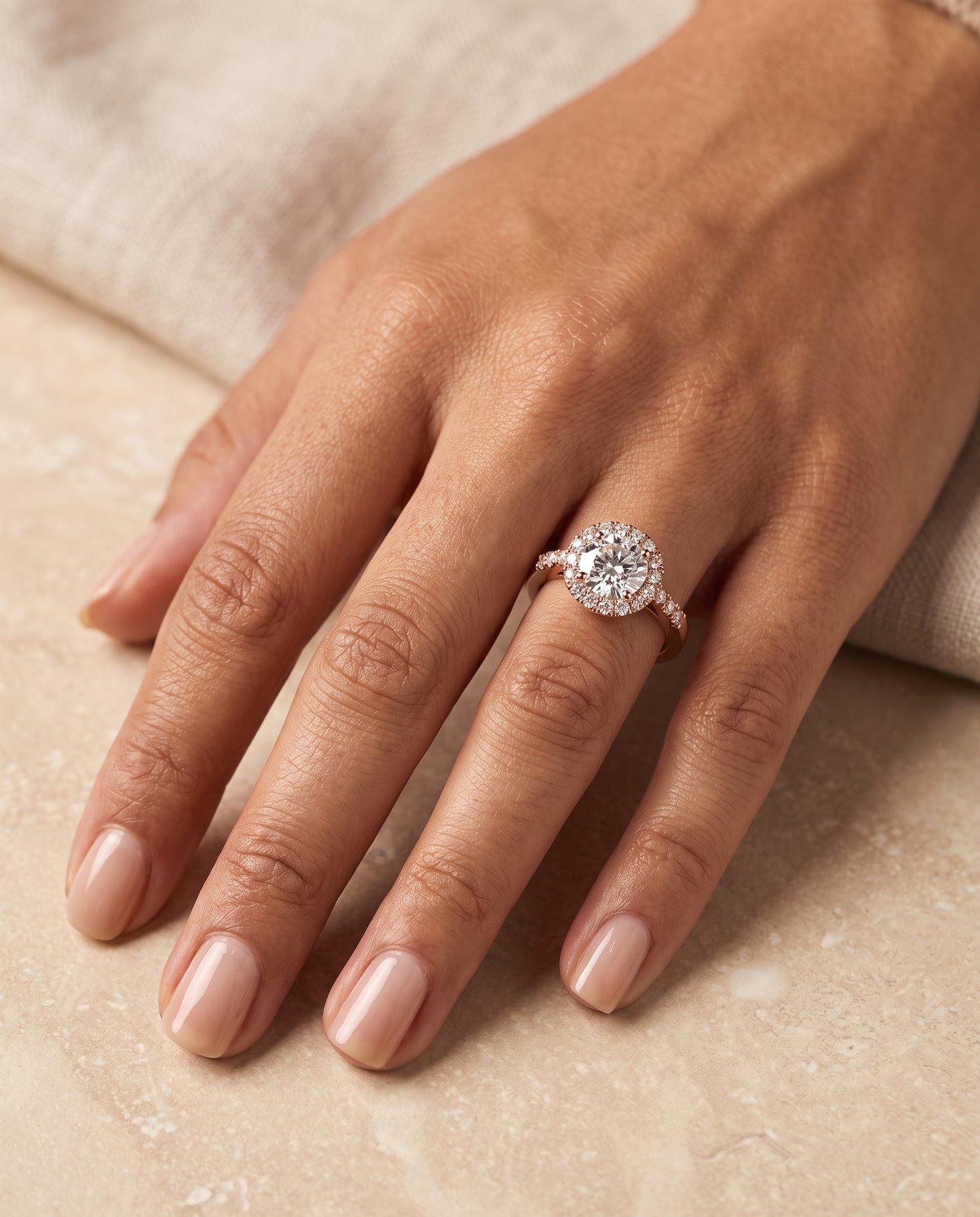 The Crimson East West Horizontal Halo Round Engagement Ring Setting in 14K Rose Gold