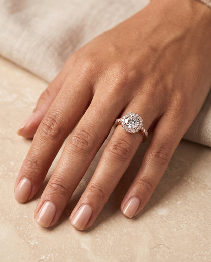 The Crimson East West Horizontal Halo Round Engagement Ring Setting in 14K Rose Gold