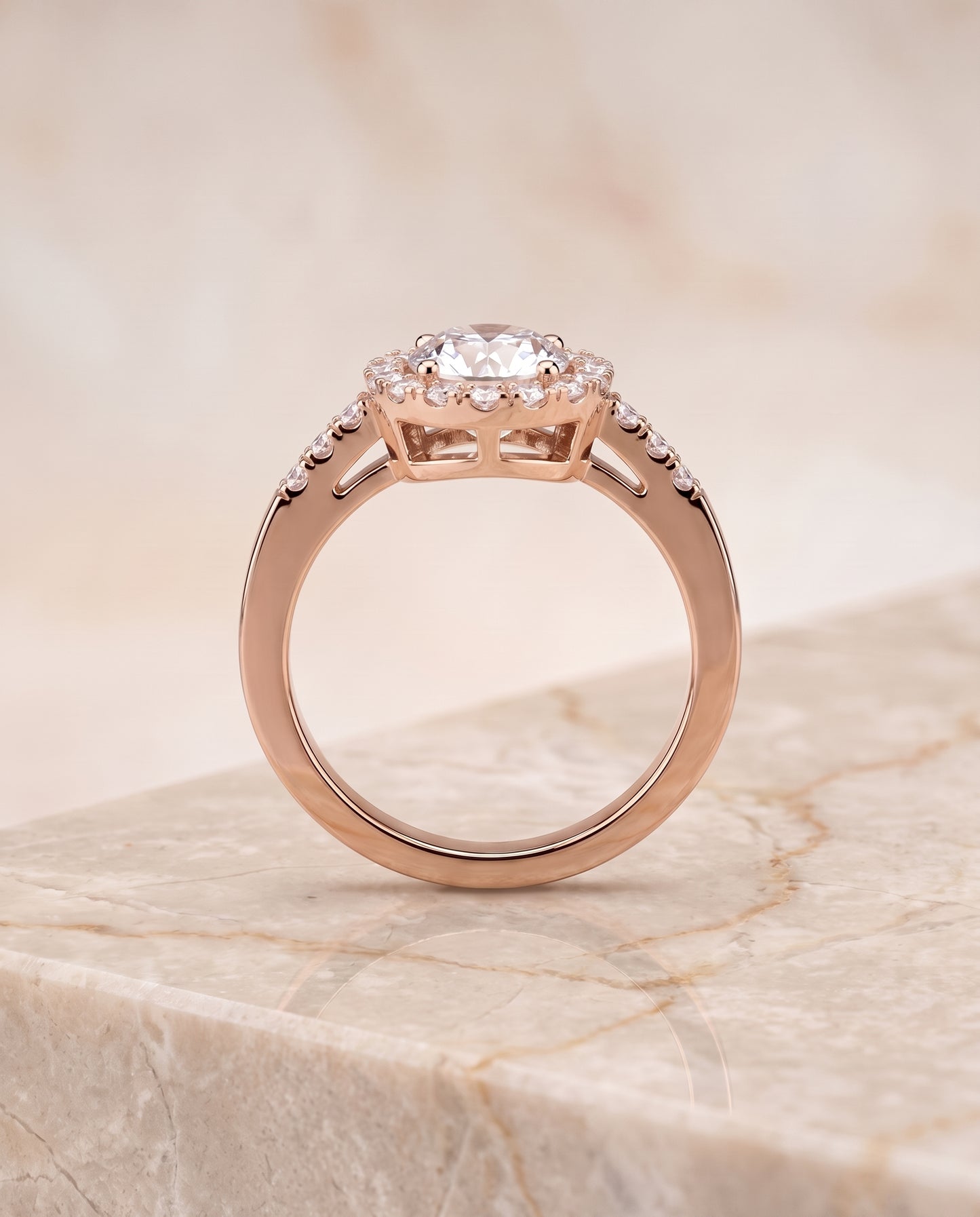 The Crimson East West Horizontal Halo Round Engagement Ring Setting in 14K Rose Gold
