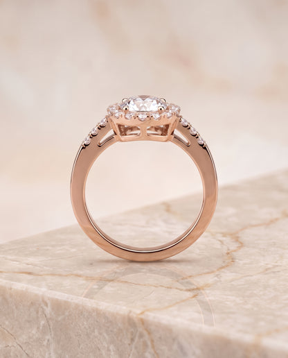 The Crimson East West Horizontal Halo Round Engagement Ring Setting in 14K Rose Gold