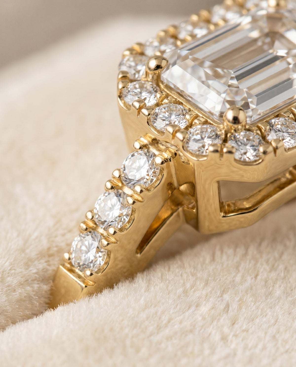 Crimson Select Halo Emerald Cut Lab Diamond Engagement Ring in 18K Yellow Gold, detail view | RockHer