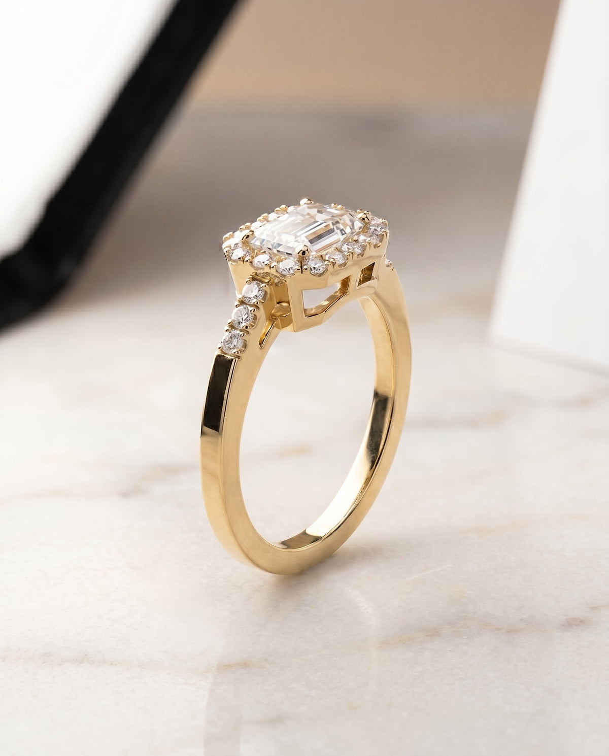 Crimson Select Halo Emerald Cut Lab Diamond Engagement Ring in 18K Yellow Gold, front view | RockHer