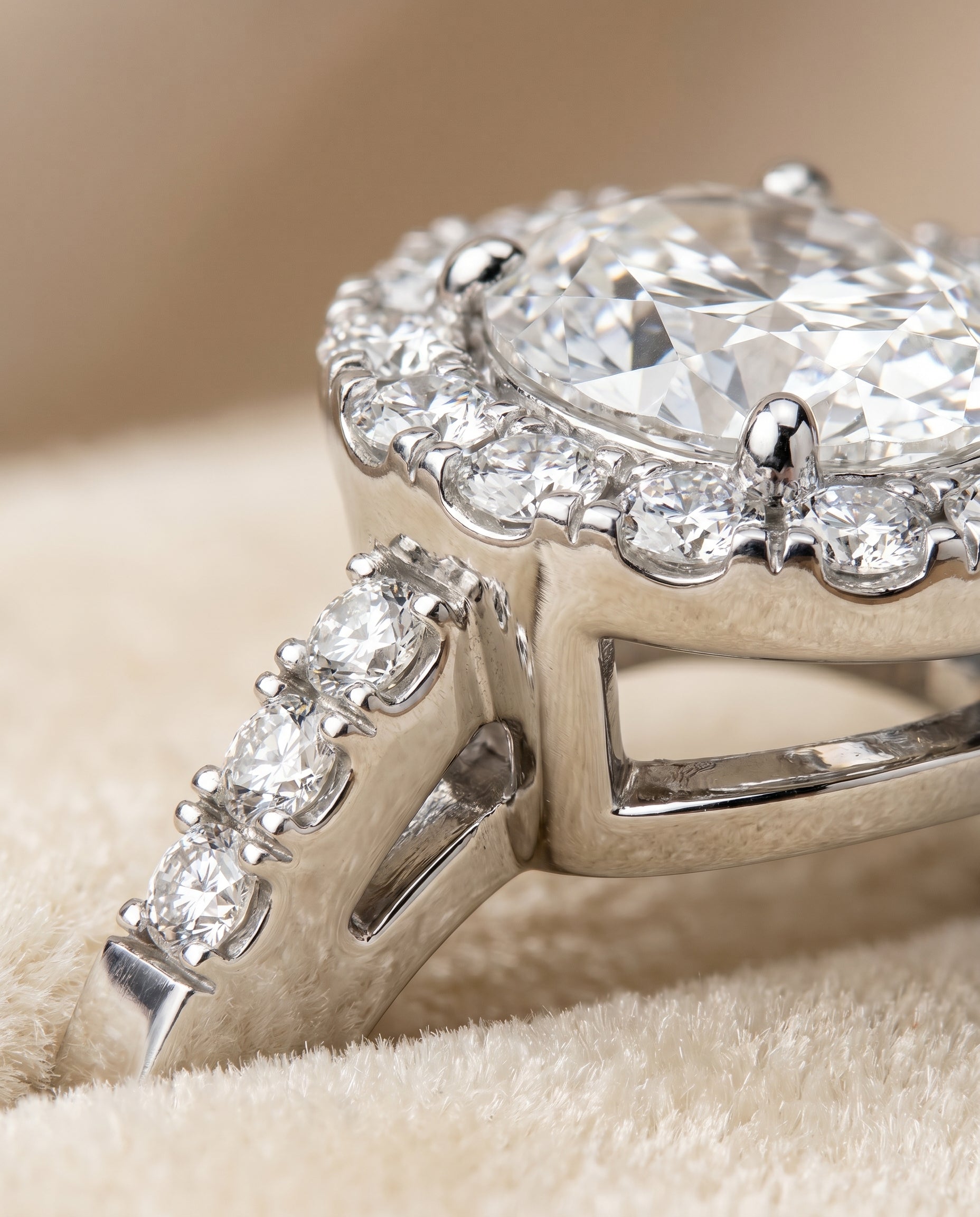 Crimson Select Halo Oval Lab Diamond Engagement Ring in 18K White Gold, detail view | RockHer