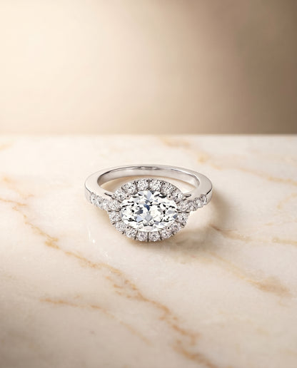 The Crimson East West Horizontal Halo Oval Engagement Ring Setting in 18K White Gold