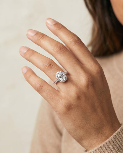The Crimson East West Horizontal Halo Oval Engagement Ring Setting in 18K White Gold