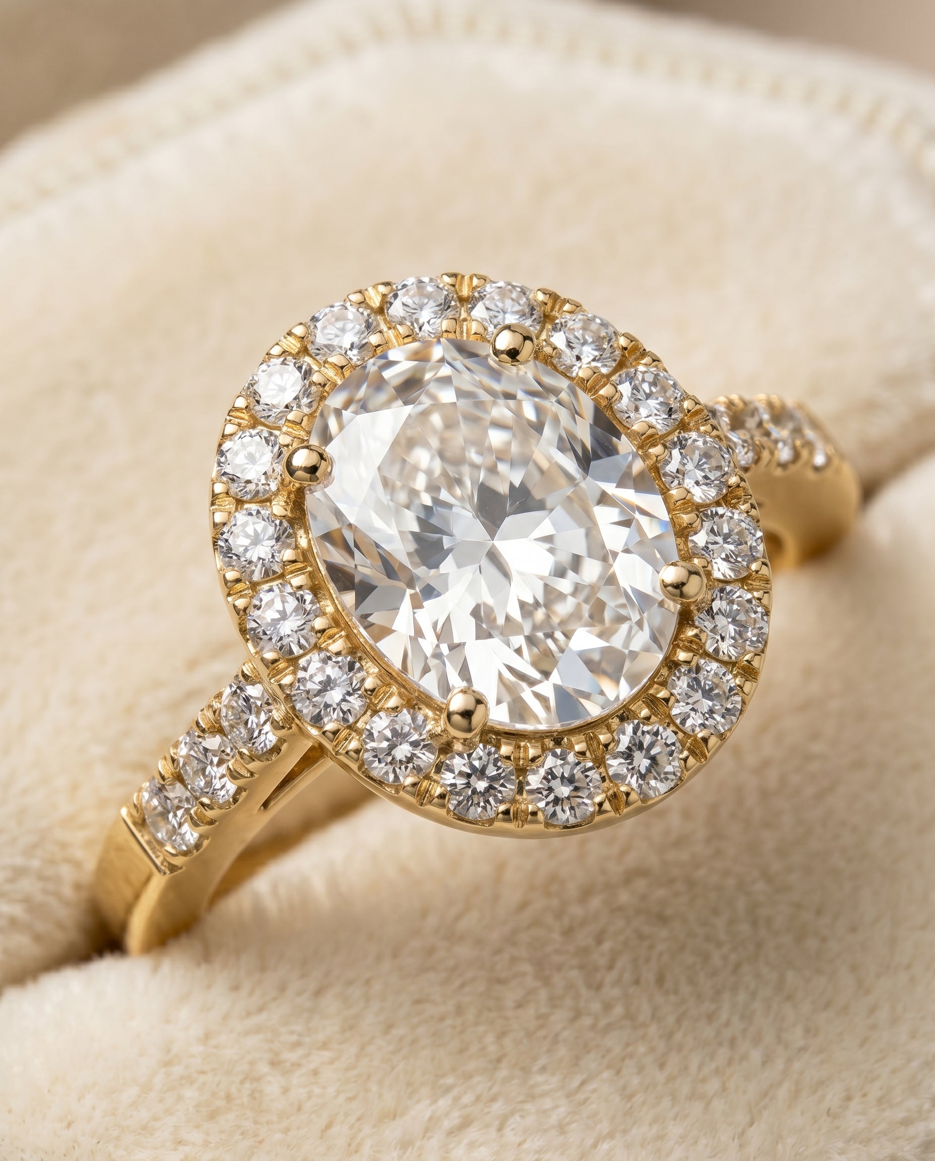 Crimson Select Halo Oval Lab Diamond Engagement Ring in 18K Yellow Gold, detail view | RockHer