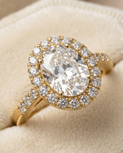 Crimson Select Halo Oval Lab Diamond Engagement Ring in 18K Yellow Gold, detail view | RockHer