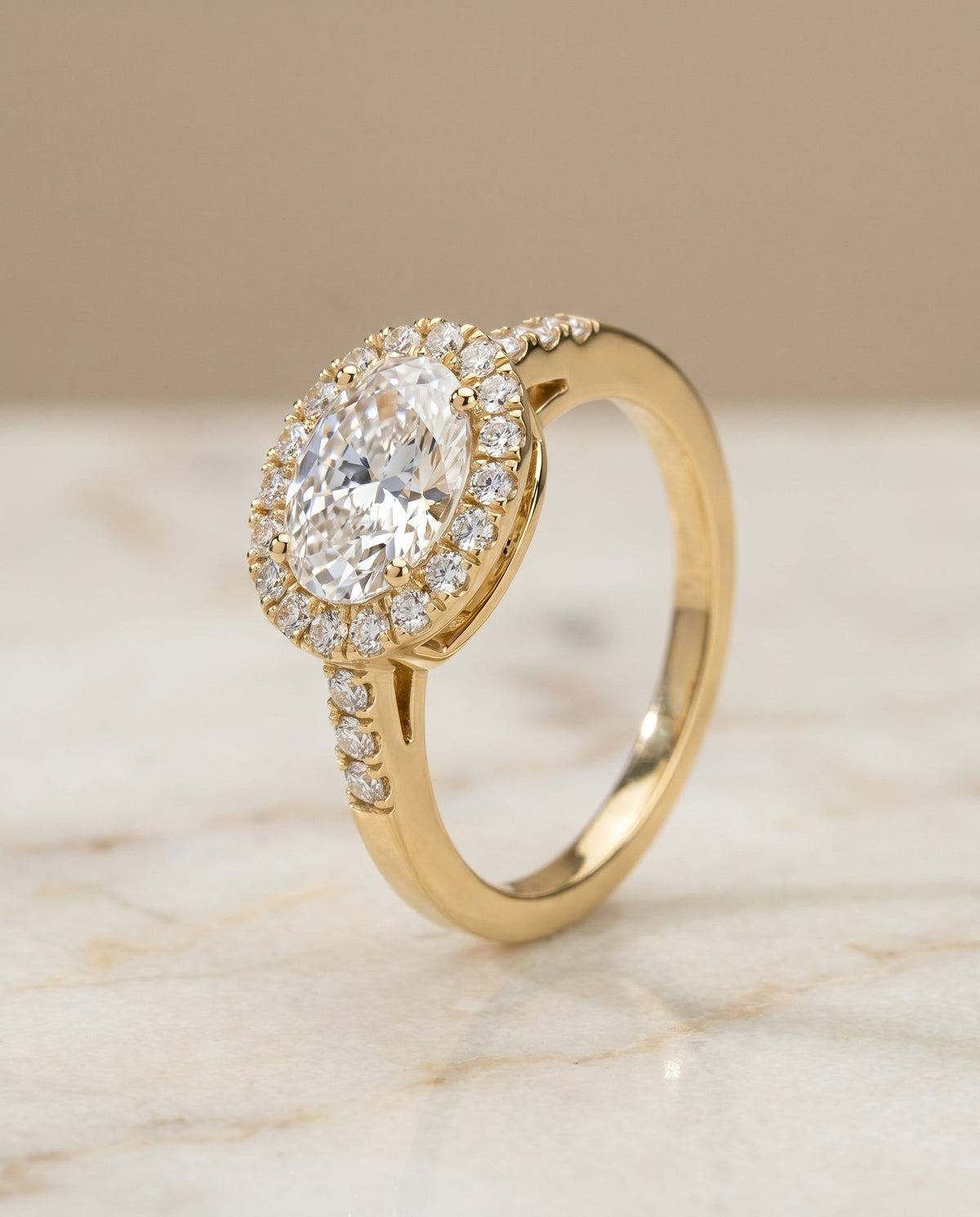 Crimson Select Halo Oval Lab Diamond Engagement Ring in 18K Yellow Gold, front view | RockHer