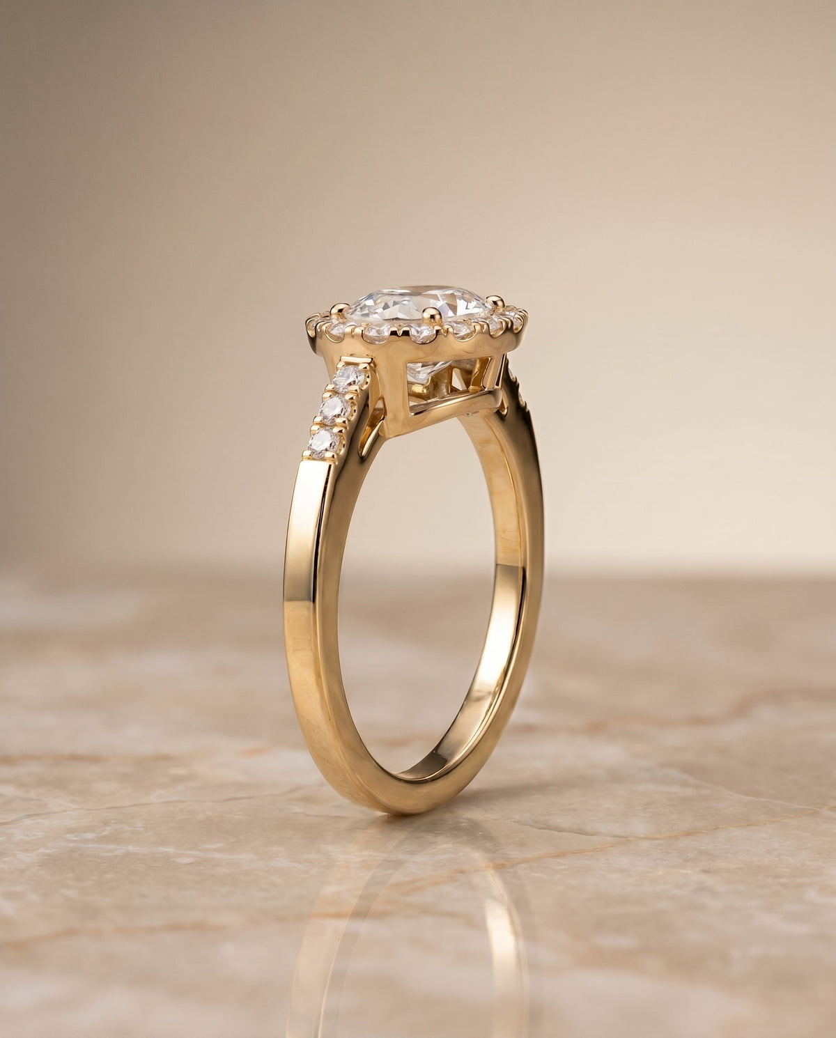 Crimson Select Halo Oval Lab Diamond Engagement Ring in 18K Yellow Gold, side view | RockHer