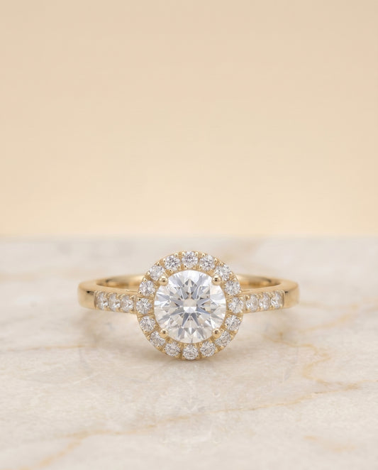 The Crimson East West Pavé Halo Engagement Ring Setting for Round Diamonds in 18K Yellow Gold
