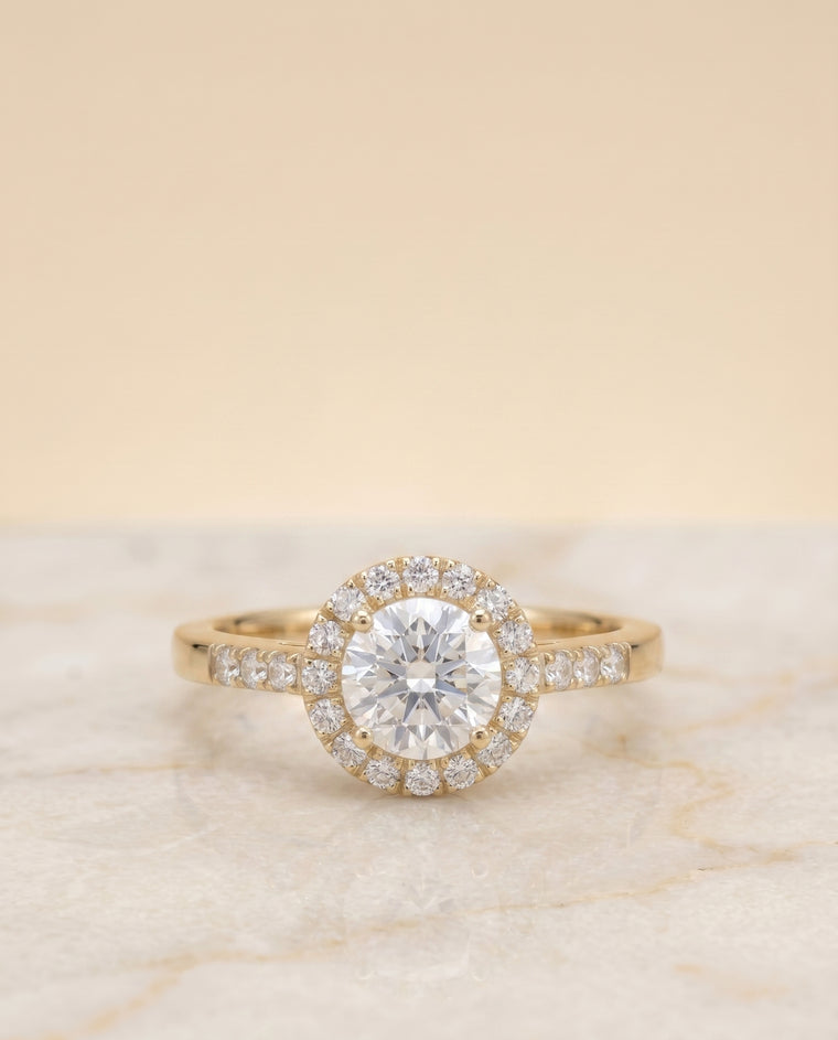 The Crimson East West Horizontal Halo Round Engagement Ring Setting in 18K Yellow Gold