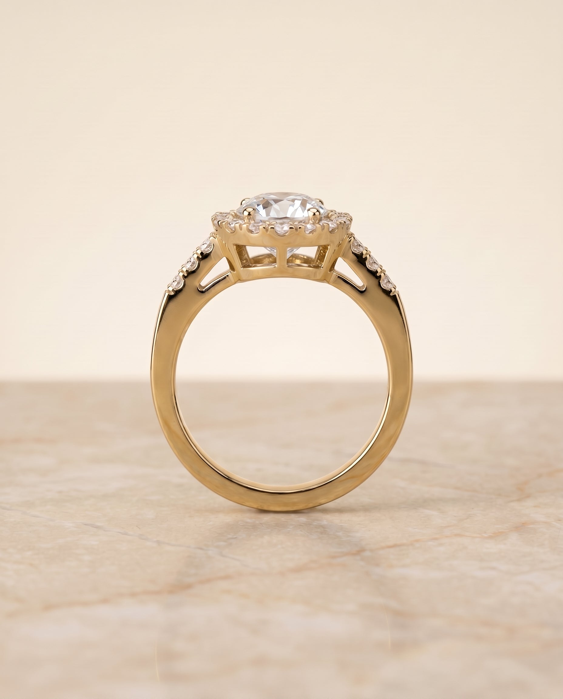 Crimson Select Halo Round Lab Diamond Engagement Ring in 18K Yellow Gold, side view | RockHer