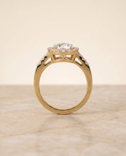 Crimson Select Halo Round Lab Diamond Engagement Ring in 18K Yellow Gold, side view | RockHer