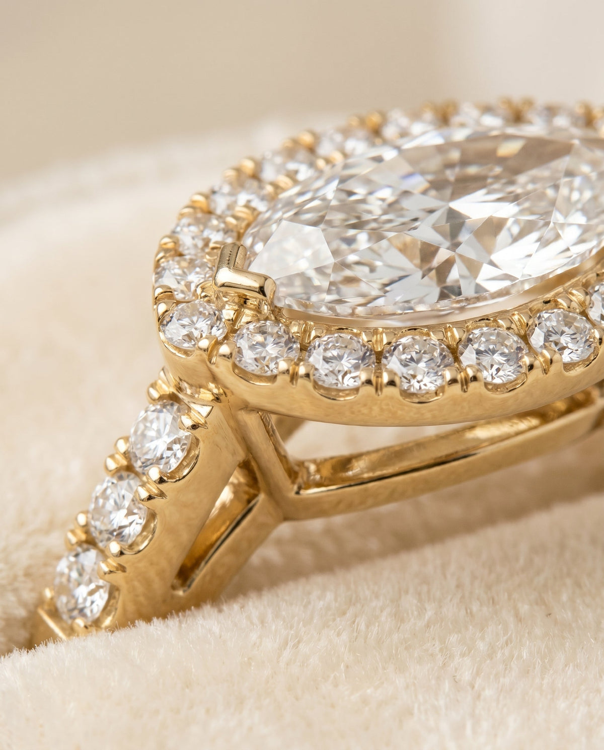 Crimson Select Halo Marquise Lab Diamond Engagement Ring in 18K Yellow Gold, detail view | RockHer