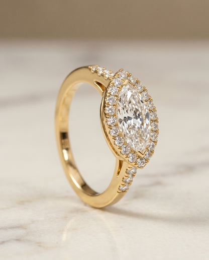 The Crimson East West Horizontal Halo Marquise Engagement Ring Setting in 18K Yellow Gold