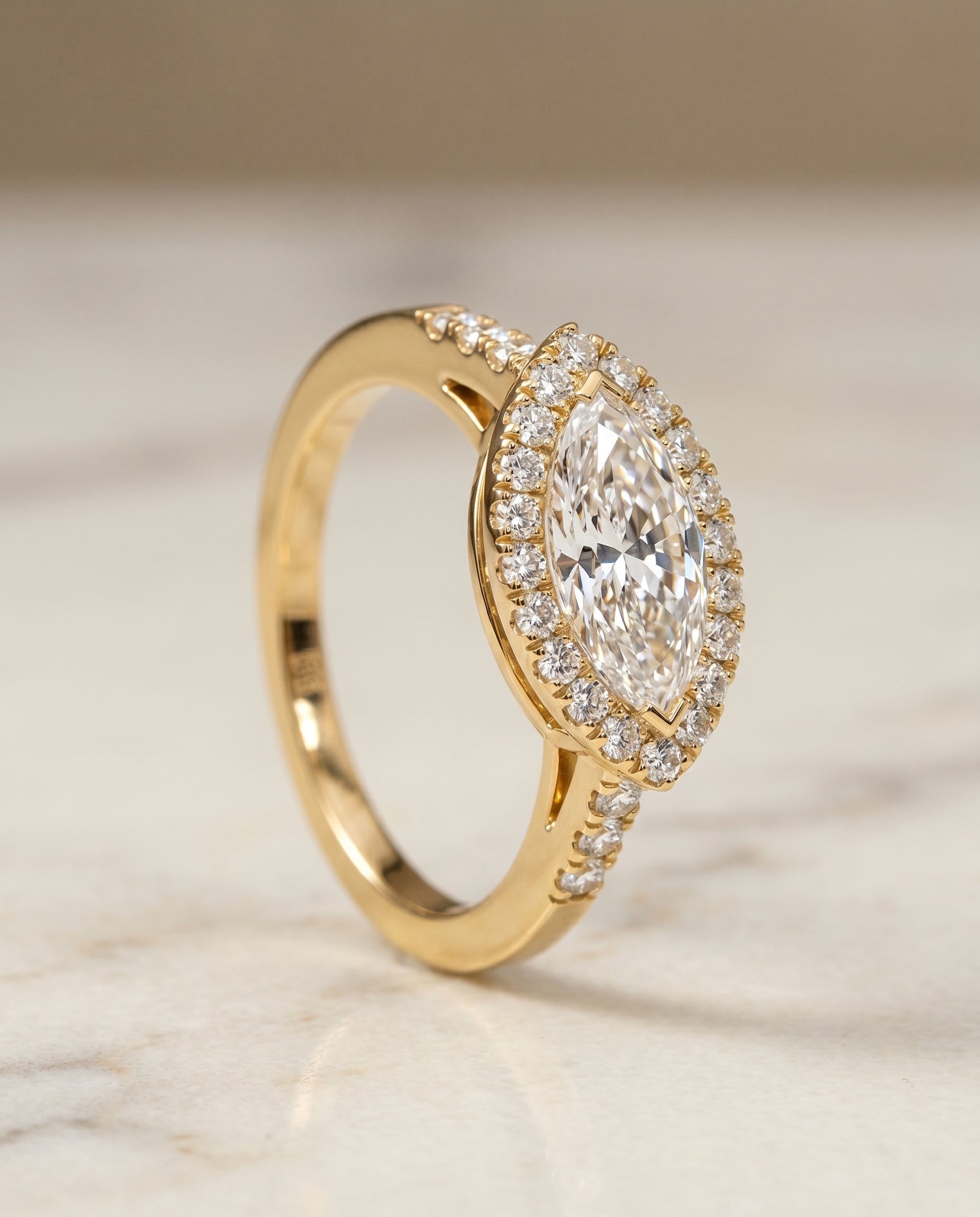 Crimson Select Halo Marquise Lab Diamond Engagement Ring in 18K Yellow Gold, front view | RockHer