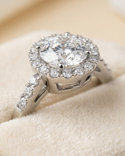 The Crimson East West Horizontal Halo Round Engagement Ring Setting in 18K White Gold