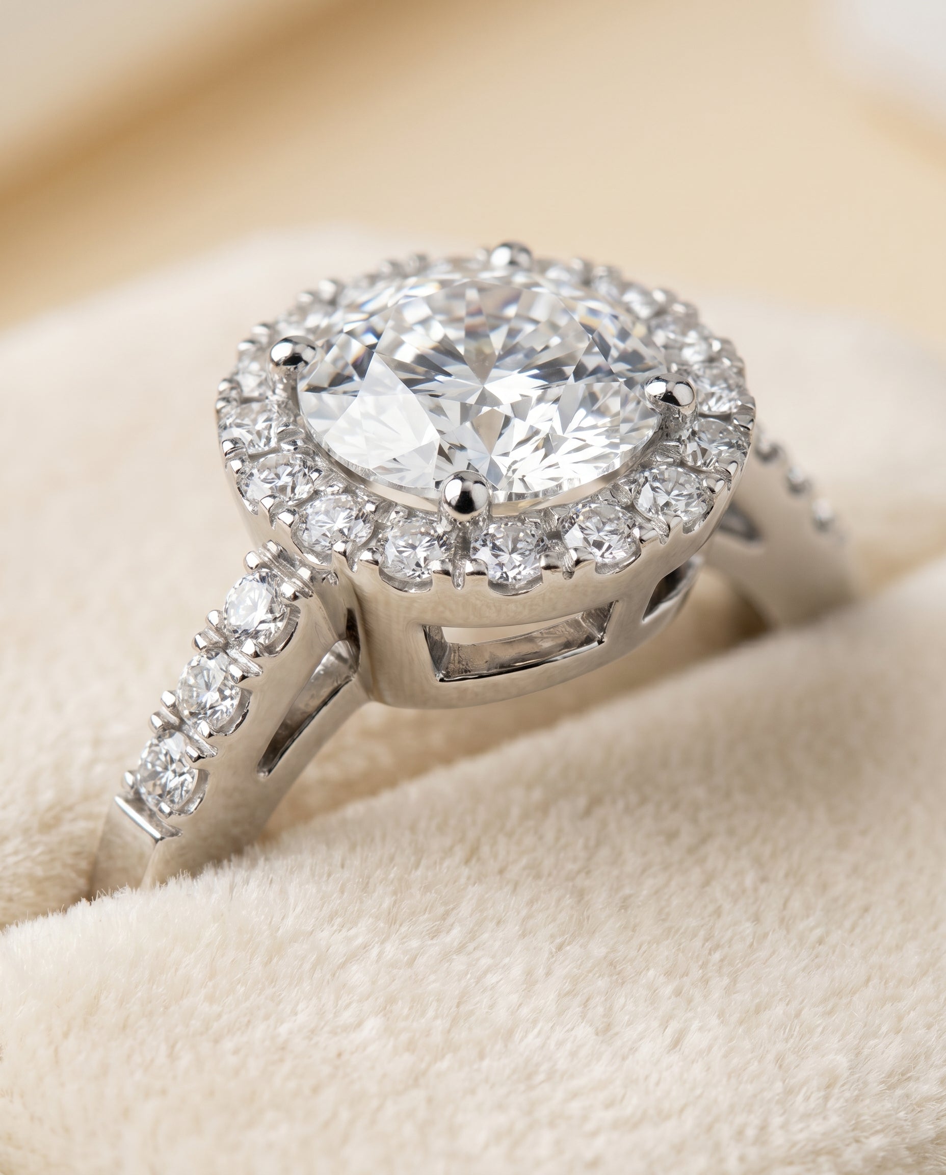 Crimson Select Halo Round Lab Diamond Engagement Ring in 18K White Gold, detail view | RockHer