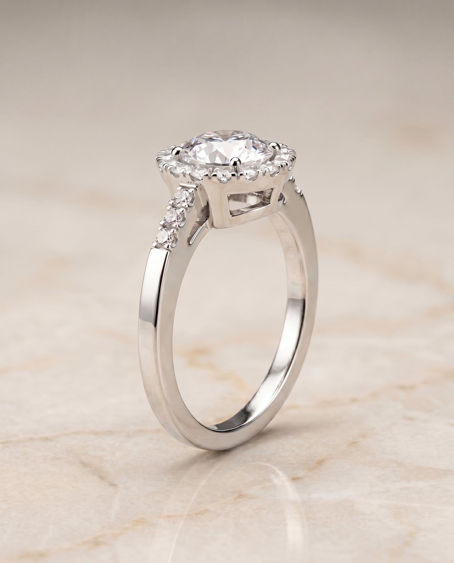 The Crimson East West Horizontal Halo Round Engagement Ring Setting in 18K White Gold