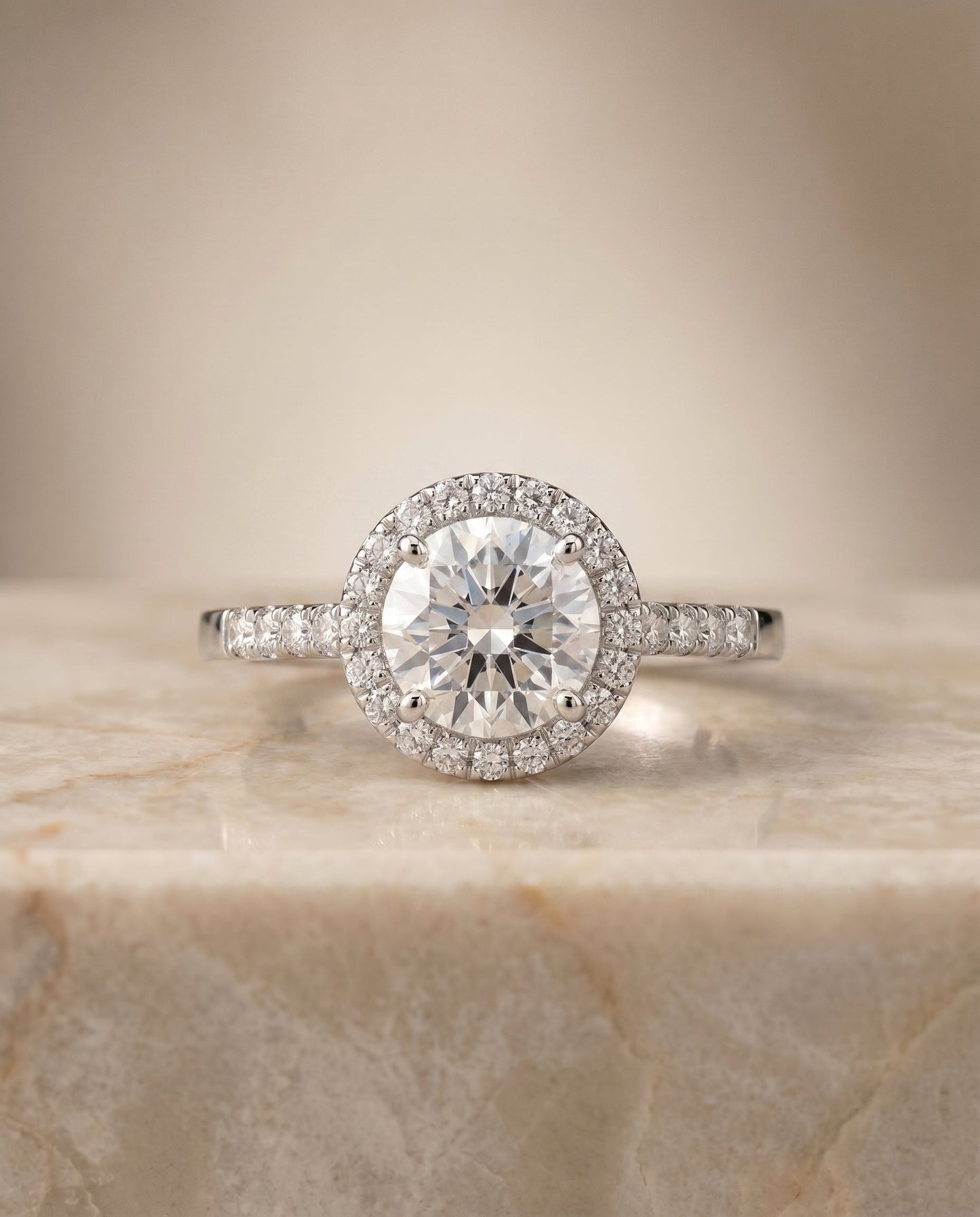 Crimson Select Halo Round Lab Diamond Engagement Ring in 18K White Gold, side view | RockHer