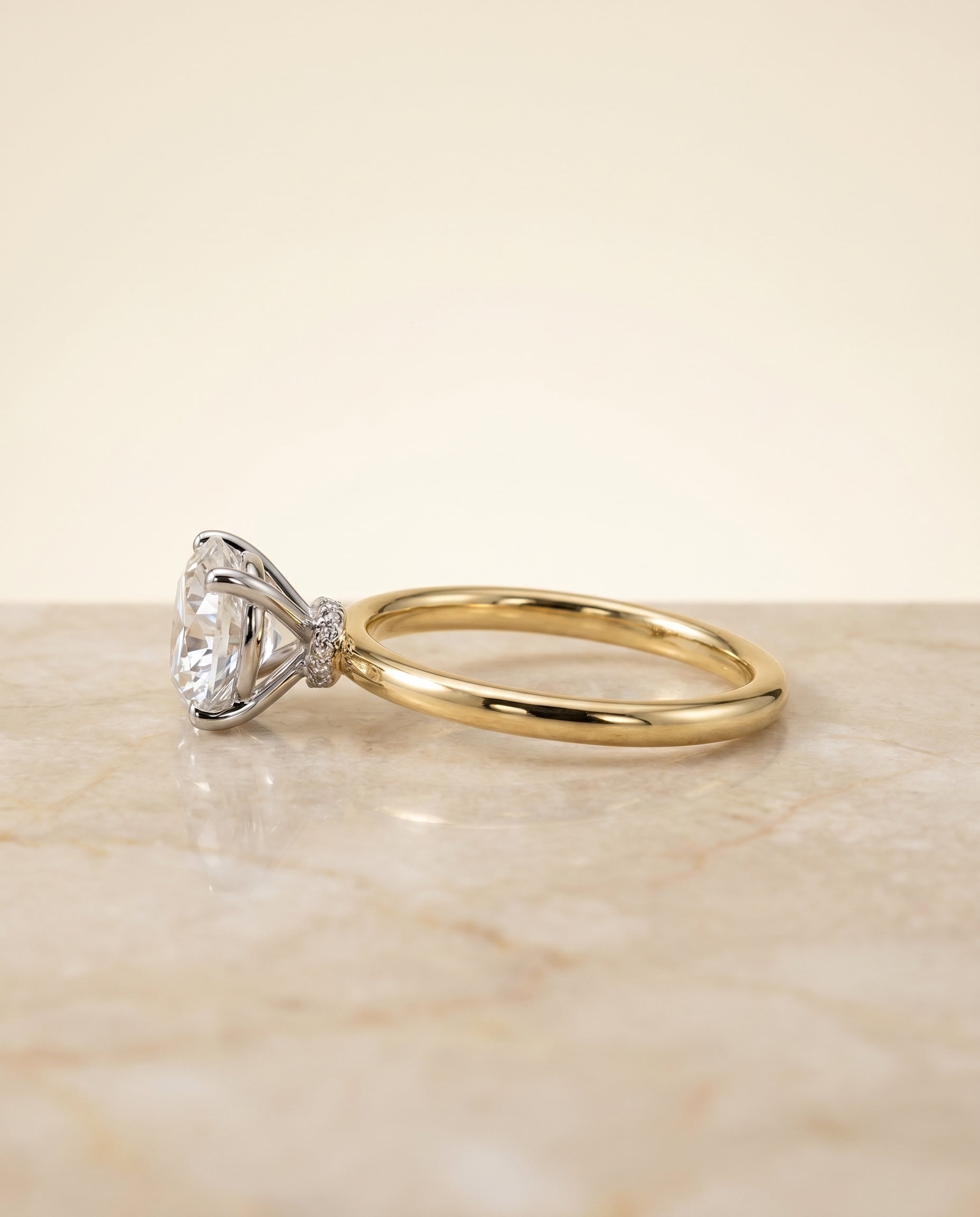 Cyndi Select Curved Hidden Halo Solitaire Round Lab Diamond Engagement Ring in 18K Yellow Gold, side view | RockHer