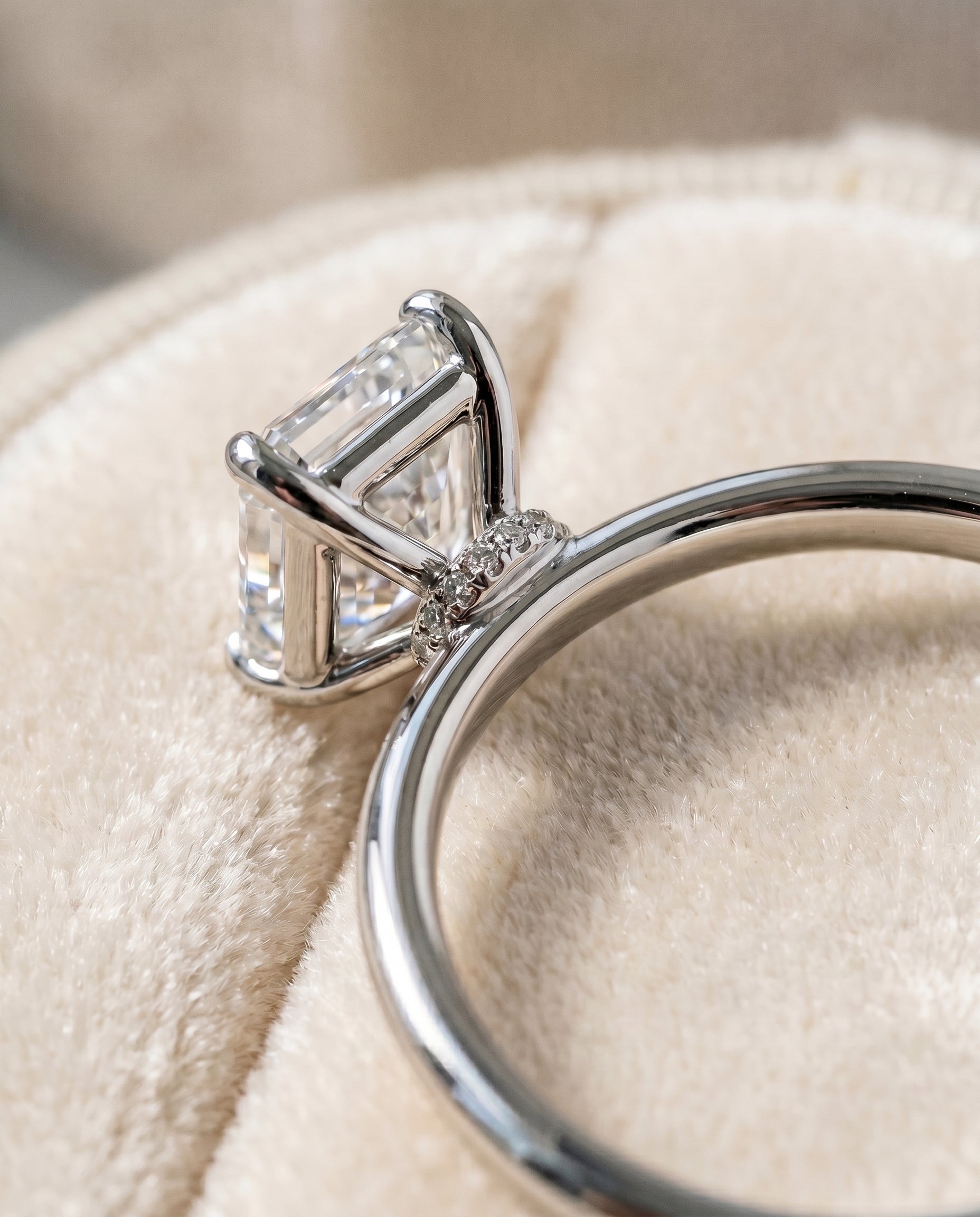 18K White Gold band of The Cyndi emerald engagement ring setting | RockHer
