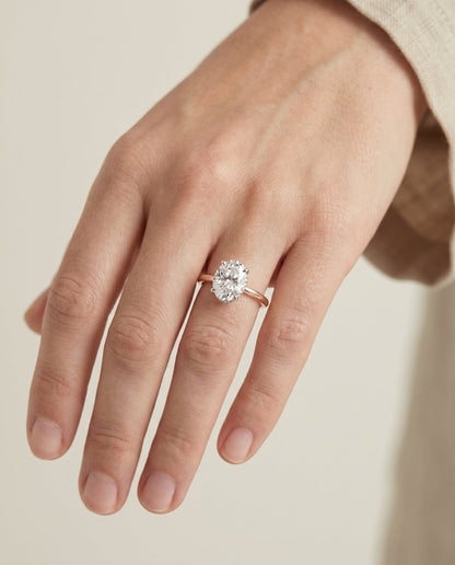 Cyndi Select Solitaire Oval Lab Diamond Engagement Ring in 14K Rose Gold, shown on hand | RockHer