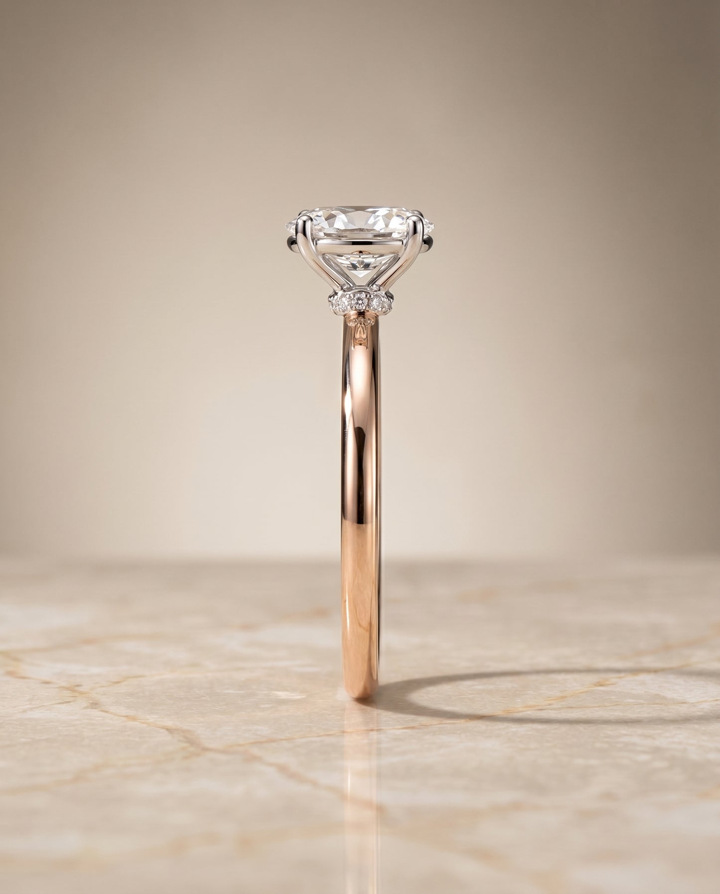 The Cyndi Curved Hidden Halo Solitaire Oval Engagement Ring Setting in 14K Rose Gold